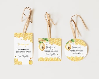 First Bee Day Birthday Thank You Tags | Bumble Bee Party Favor Labels | Honey Bee Gift Tags | Editable Canva Template | Digital Download