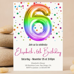 Konfetti-Geburtstags-Einladung, Regenbogen-Ballon-Einladung, 6. Geburtstag-Einladung, Regenbogen-Geburtstags-Einladung, kleine Mädchen-Geburtstagskarte