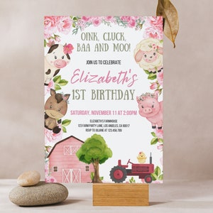 Faire-part d'anniversaire ferme fille, faire-part d'anniversaire sur le thème de la ferme, carte d'anniversaire petite fille, décorations d'anniversaire animaux de la ferme, faire-part ferme