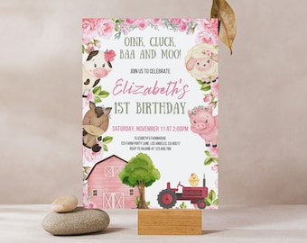 Girl Farm Animals Birthday Invitation: Editable Canva Template