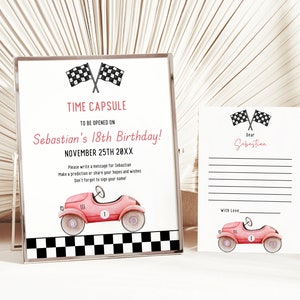 Fast One 1e verjaardag tijdcapsule, raceauto verjaardagsdecoratie aangepast gastenboek, raceauto partij verjaardagswensen kaart, gastenboek teken