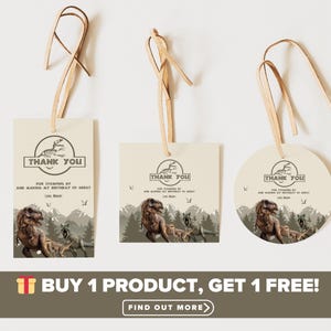 Verjaardagsbedankkaartjes dinosaurus | Labels voor Jurassic Party-bedankjes | T-Rex-cadeaukaartjes | Bewerkbare canvassjabloon | Digitale download