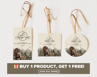 Etiquetas de agradecimiento para cumpleaños de dinosaurios / Etiquetas de recuerdo para fiestas jurásicas / Etiquetas de regalo de T-Rex / Plantilla editable de Canva / Descarga digital