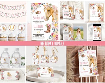 Pink Cowgirl Horse Birthday Party Bundle: Western Birthday Decorations & Invitation | Editable Canva Templates | Digital Download