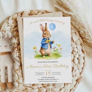 Invito di compleanno di Peter Rabbit, festa di Peter Rabbit, invito coniglietto flopsy, inviti per il primo compleanno ragazzo, tema del primo compleanno ragazzo
