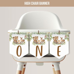 Woodland Theme Party High Chair Banner First Birthday, Woodland Garland, Woodland Banner, Woodland Animals One Banner, 1st Birthday Banner