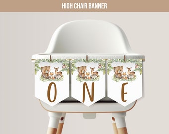 Woodland Theme Party High Chair Banner First Birthday, Woodland Garland, Woodland Banner, Woodland Animals One Banner, 1st Birthday Banner