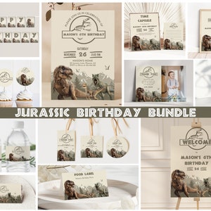 Jurassic Geburtstagseinladung Bundle, Dinosaurier-Geburtstagsdekoration Party Pack, Jurassic Einladung, Baby-Dinosaurier-Party-Einladung, DI