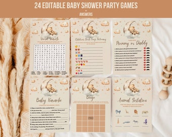 Teddy Bear Baby Shower Games Bundle | Baby Shower Bingo Printable Games | Editable Canva Template | Digital Download