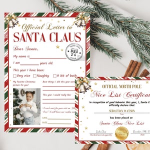 Carta oficial a Papá Noel para imprimir, certificado de lista de buenos, kit de Nochebuena para niños, carta a Papá Noel para imprimir, certificado de Papá Noel