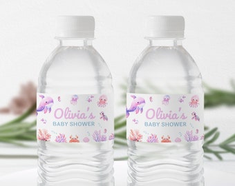 Under The Sea Baby Shower Water Bottle Label | Ocean Animals Bottle Sticker | Editable Canva Template | Digital Download