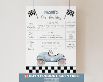 Fast One Birthday Milestone Board | Blue Vintage Race Car Milestone Poster | Baby Milestone Sign | Editable Canva Template, Digital Download