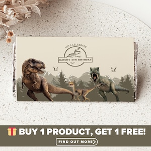 Dinosaur Birthday Chocolate Wrapper | Jurassic Candy Wrappers | T-Rex Candy Bar Labels | Editable Canva Template | Digital Download