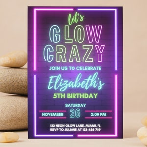 Invito di compleanno al neon, Festa di compleanno Glow In The Dark, Let's Glow Crazy, Glow Party Invitation, Festa di compleanno al neon, Glow Invitation