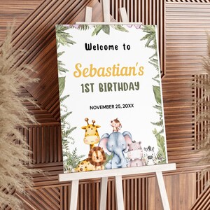 Panneau de bienvenue d&#39;anniversaire Wild One Safari : animaux de la jungle (téléchargement numérique)