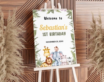Wild One Safari Birthday Welcome Sign | Jungle Animals Party Welcome Board | Editable Canva Template | Digital Download