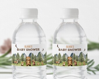 Woodland label waterfles babyshower | Flessticker bosdieren | Bewerkbare canvassjabloon | Digitale download