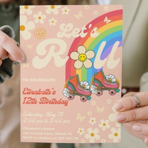 Rainbow Hippie Roller Skate Invite, Groovy Baby Invitation, Daisy Birthday Invitation, Roller Skate Party Hippie Theme Birthday Groovy Party
