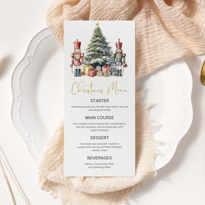 Modello di menu per la cena modificabile e decorazioni per la festa di Natale dello Schiaccianoci, biglietto di Natale stampabile, decorazioni natalizie