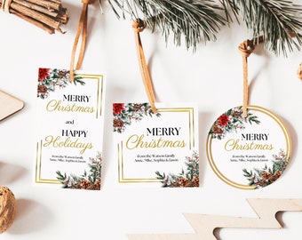 Printable Christmas Gift Tags, Christmas Bouquet Tags, Gold Holiday Favor Tags, Merry Christmas Gift Tags, Holiday Gift Labels, Xmas Decor