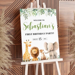 Selvagem um primeiro sinal de boas-vindas do aniversário, cartaz do aniversário do safari, decorações do aniversário do safari cartaz de boas-vindas tema da selva placa de boas-vindas do aniversário