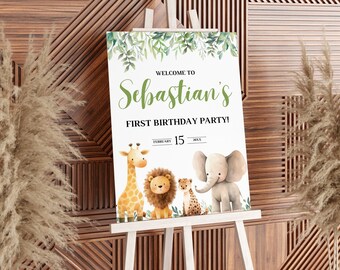 Wild One Safari Birthday Welcome Sign | Jungle Animals Party Welcome Board | Editable Canva Template | Digital Download