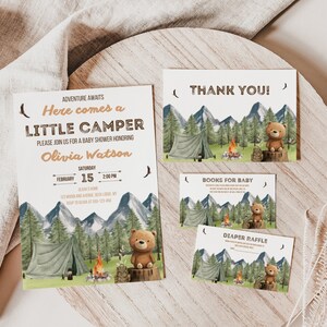 Faire-part de baby shower, l'aventure vous attend carte de tombola de couches pour baby shower des bois, carte de remerciement pour baby shower sur le thème des ours