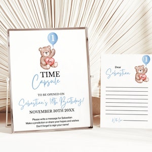 Capsule temporelle mignonne d'ours en peluche, capsule temporelle 1er anniversaire, premier anniversaire de Beary, livre d'or personnalisé 1er anniversaire d'ours en peluche, carte de bonne chance, TB