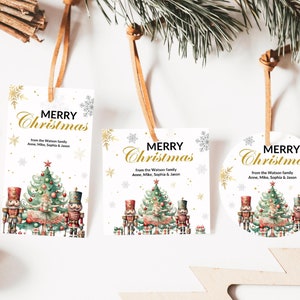 Etiquetas para regalos y recuerdos navideños imprimibles con el festivo Cascanueces, etiquetas para regalos navideños imprimibles, etiquetas para regalos de Feliz Navidad