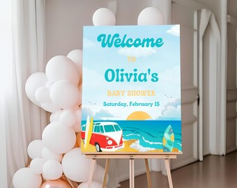 Baby On Board Baby Shower Welcome Sign | Surf Ocean Tropical Beach Welcome Board | Editable Canva Template | Digital Download