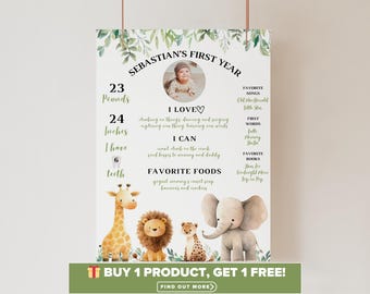 Wild One Birthday Milestone Board | Safari Milestone Poster | Jungle Animals Baby Milestone Sign | Editable Canva Template, Digital Download