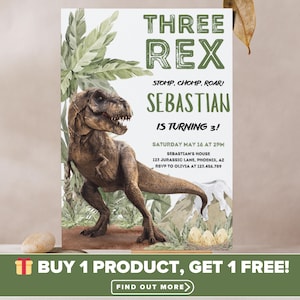 Three Rex Birthday Invitation, Dinosaur Birthday Invitation, Three Rex Invitation, Jurassic Invitation, Trex Birthday Party, Dino Invite, DI