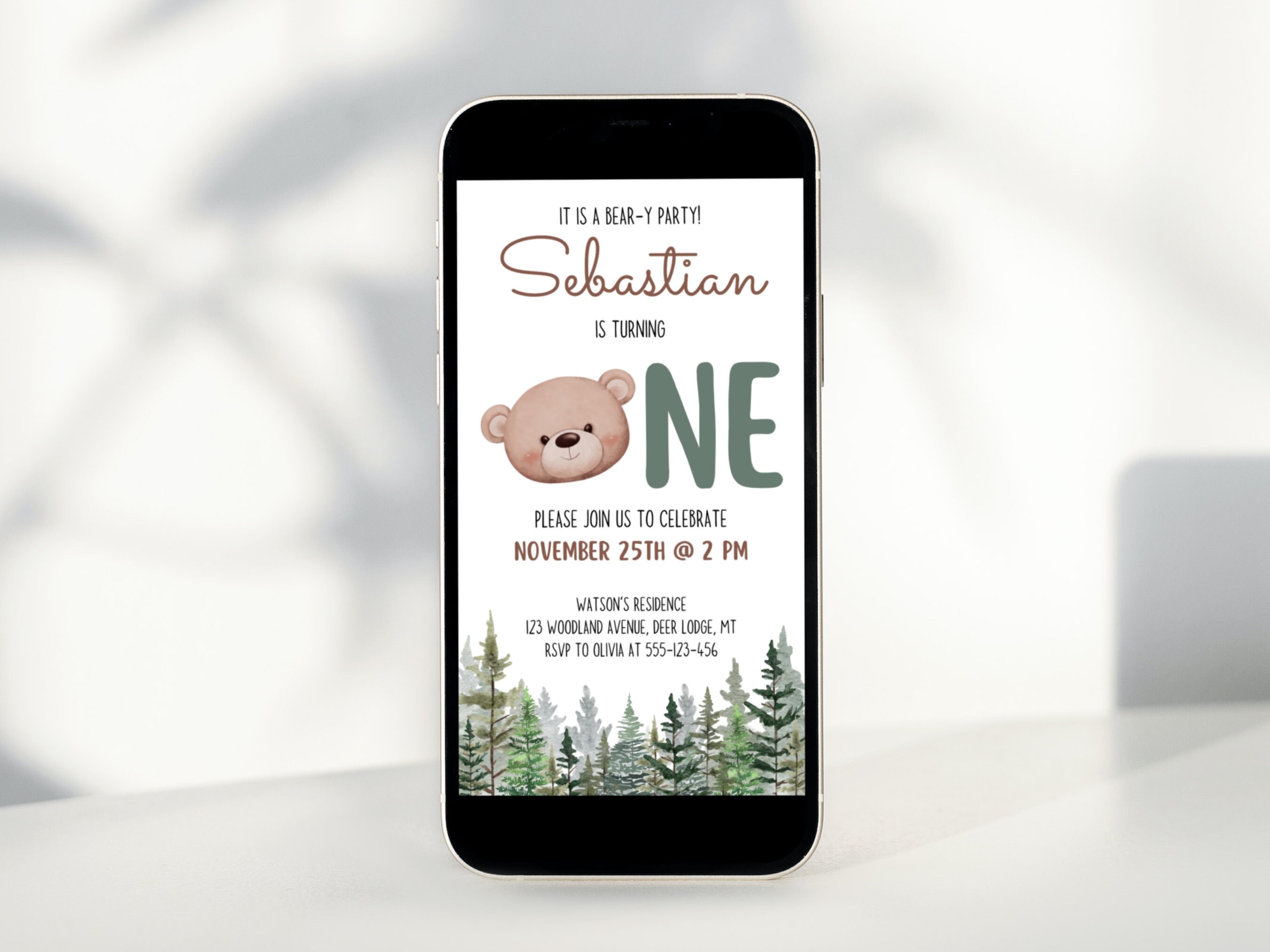 ウッドランドブラウンベア誕生日招待状 | テディベアパーティーモバイル招待状 | 編集可能なCanvaテンプレート | デジタルダウンロード -  Etsy 日本 森林の動物 誕生日パーティー招待状 (20枚 封筒付き) - ブルー - 子供の森の野生動物パーティー用品 - 1歳の誕生日 - ベ 森林の動物 誕生日パーティー招待状 (20枚 封筒付き) - ブルー - 子供の森の野生動物パーティー用品 - 1歳の誕生日 - ベ