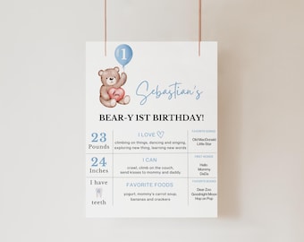 Tablero de hitos de cumpleaños de osito de peluche / Póster de hitos de primer cumpleaños de osito / Letrero de hitos de bebé / Plantilla editable de Canva para descargar digitalmente