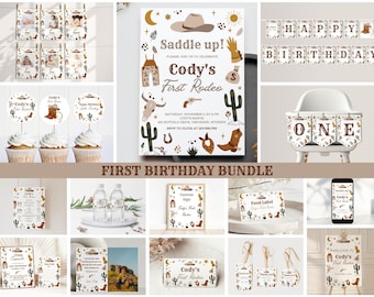 Paquete de decoración para mi primer cumpleaños con temática de rodeo: Invitación para fiesta vaquera (descarga digital, plantilla editable de Canva)