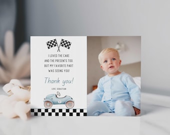 May include: A rectangular thank you card featuring two checkered flags at the top, the text I LOVED THE CAKE AND THE PRESENTS TOO. BUT MY FAVORITE PART WAS SEEING YOU! Thank you! LOVE, SEBASTIAN, a light blue race car, and a photo of a toddler.