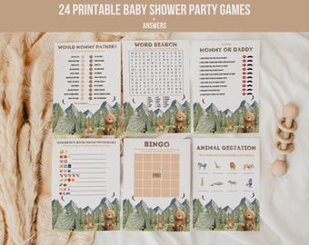 May include: A set of 24 printable baby shower party games featuring a woodland theme with mountains, a tent, a campfire, and a bear. The cards include titles like Would Mommy Rather, Word Search, Mommy or Daddy, Bingo, and Animal Gestation.