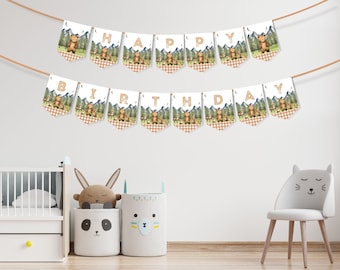 Bos Happy Birthday-banner | Wild One-banner | Verjaardagsslinger bosdieren | Bewerkbare canvassjabloon | Digitale download