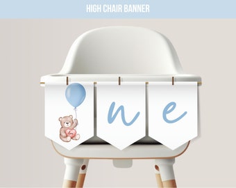 Banner de silla alta de cumpleaños de osito de peluche / Banner de primer cumpleaños de osito de peluche / Plantilla editable de Canva / Descarga digital