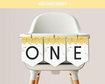 First Bee Day Birthday High Chair Banner | Bumble Bee ONE Banner | Honey Bee Birthday Bunting | Editable Canva Template | Digital Download