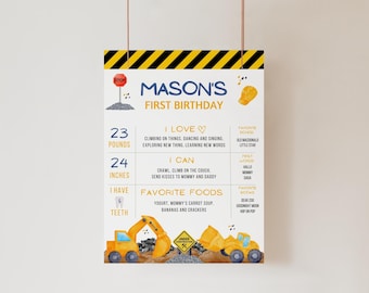 Construction Birthday Milestone Board | Excavator Milestone Poster | Dump Truck Baby Milestone Sign Editable Canva Template Digital Download