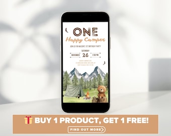 One Happy Camper 1st Birthday Mobile Invitation | Woodland Camping Evite | Editable Canva Template | Digital Download