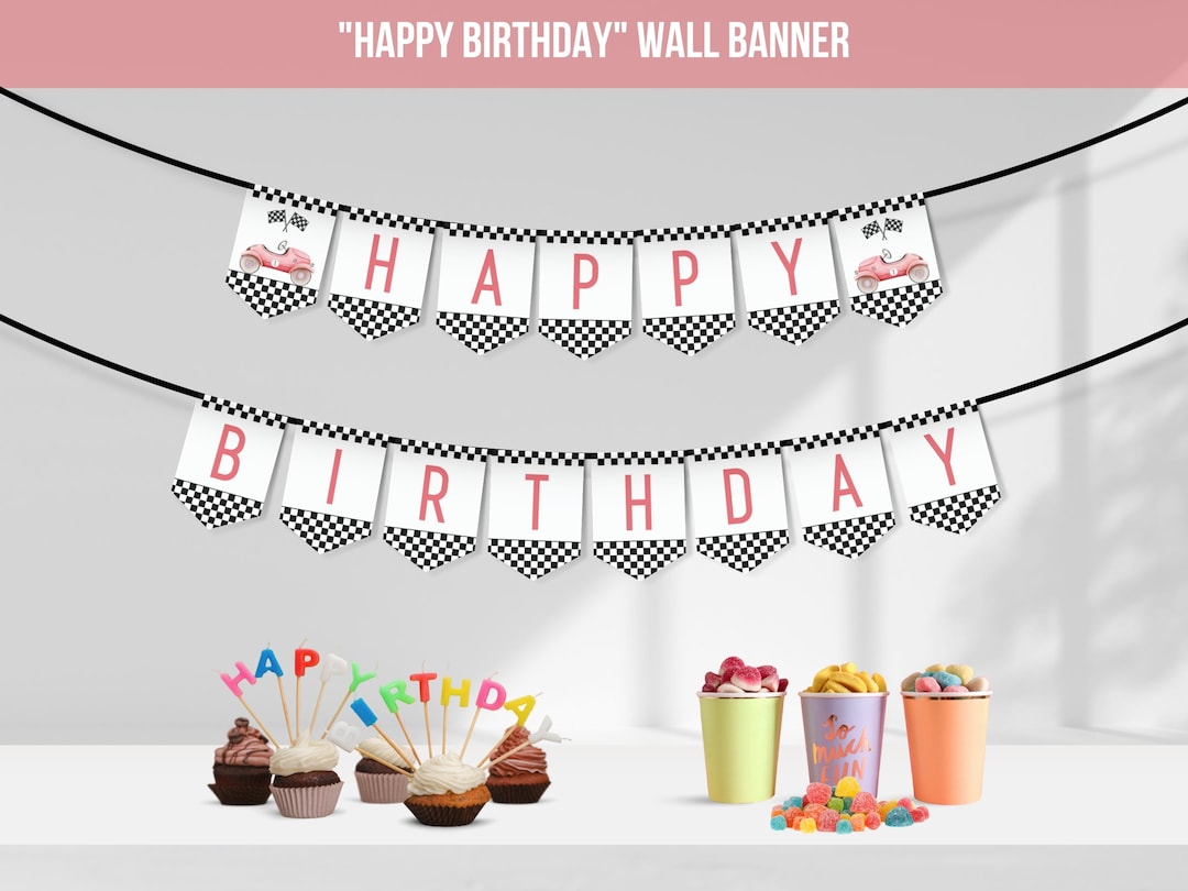 Race Car Birthday Banner - Pre-Strung Black 'Let’s Go Racing' Party Decoration For Boys - View #3