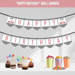 Fast One Happy Birthday Banner, Race Car Party Birthday Bunting, Race Car Birthday Decorations Printable Banner, Birthday Wall Banner