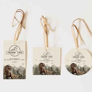 Etiquetas de regalo de cumpleaños de dinosaurios, etiquetas de agradecimiento de fiesta jurásica, etiquetas imprimibles de fiesta de dinosaurios, etiquetas de favor de fiesta de primer cumpleaños de dinosaurio, DI