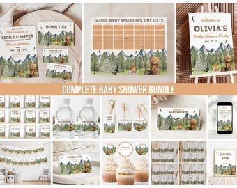 Little Camper Baby Shower Bundle: Camping & Woodland Baby Shower Decorations | Adventure Awaits | Editable Canva Templates