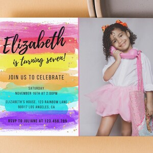 Rainbow Birthday Invitation, Colorful Watercolor Invitation, Girls Birthday Invitation, Rainbow Party Invite, Pastel Rainbow Invitation