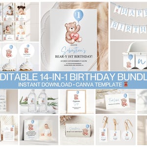 Beary First Birthday Boy Bundle | Teddy Bear 1st Birthday Invitation | Blue Balloon Party Decor | Editable Canva Templates