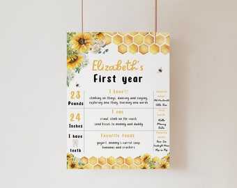 Sunflower Bee Milestone Board | First Bee Day Milestone Poster | Honey Bee Baby Milestone Sign | Editable Canva Template | Digital Download