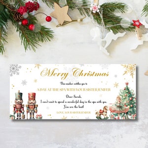 くるみ割り人形のクリスマス ギフト券テンプレート、編集可能なクリスマス ギフト券、クリスマス クーポン テンプレート、印刷可能なギフト カード券